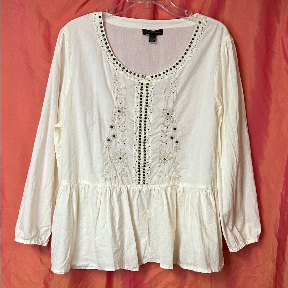 Sweet Magnolia Women’s Ivory Embroidered Blouse Size XL Peplum Long Sleeve